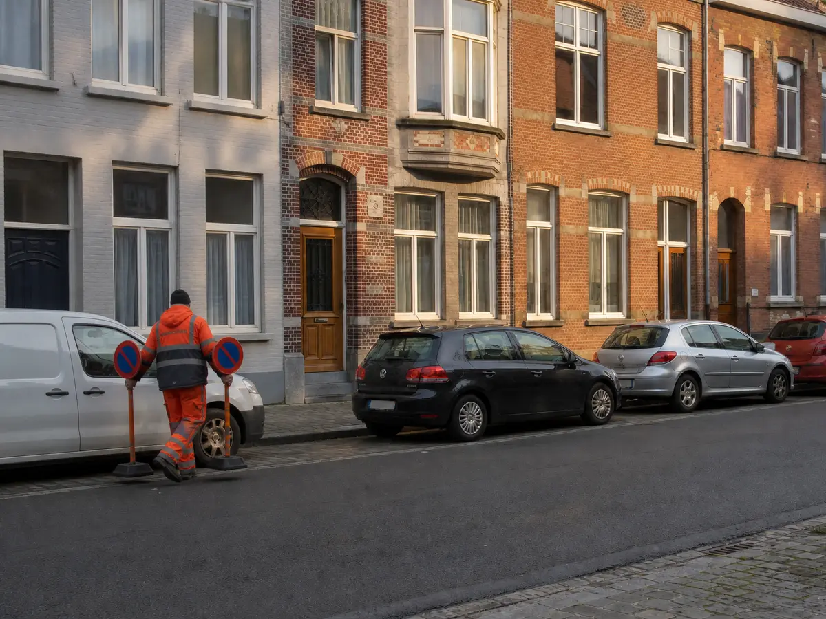 Medewerker haalt de parkeerverbodsborden op na de verhuis