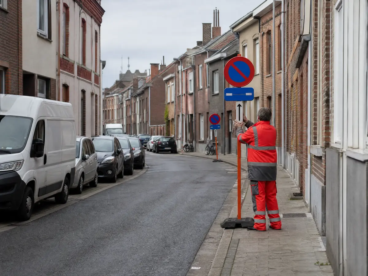 Smalle straat met arbeiderswoningen in Ledeberg met twee parkeerverbodsborden