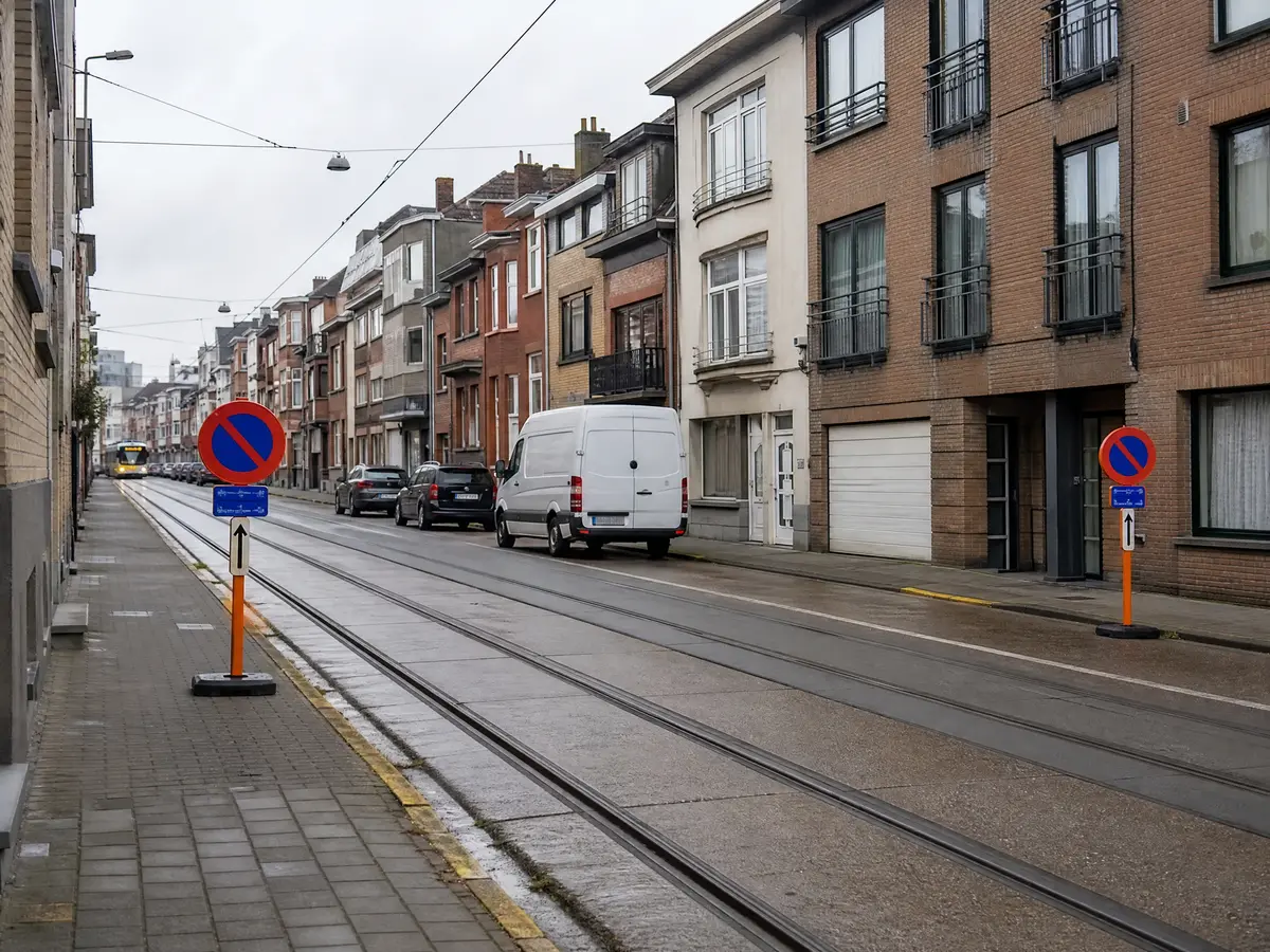 Tijdelijk parkeerverbod in een straat met rijwoningen en tramsporen in Mortsel